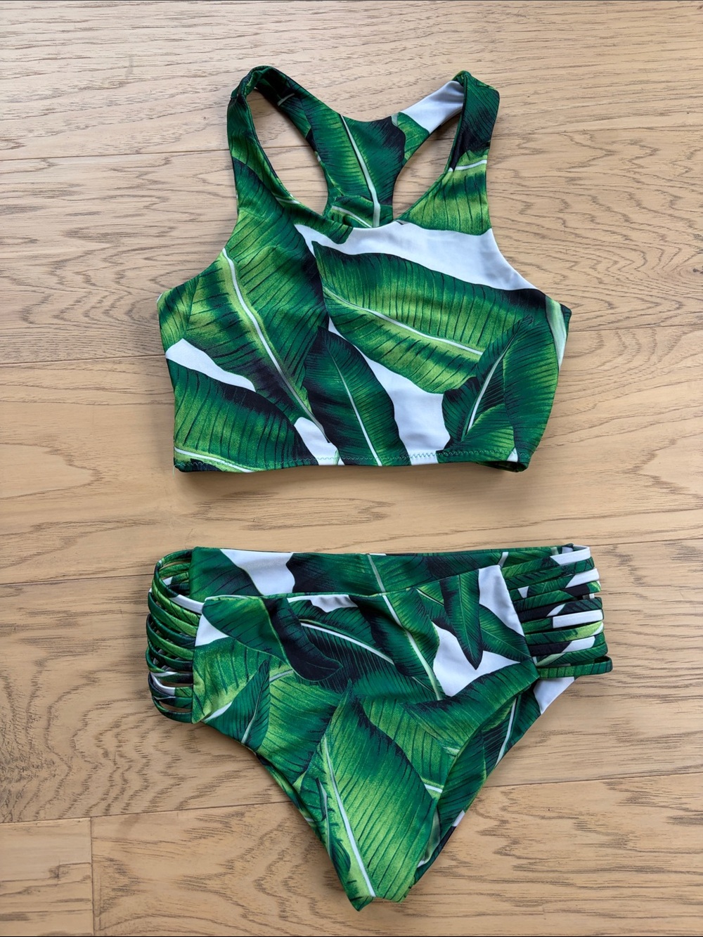 Girls Green Tropical Leaf Two-Piece Swim Set